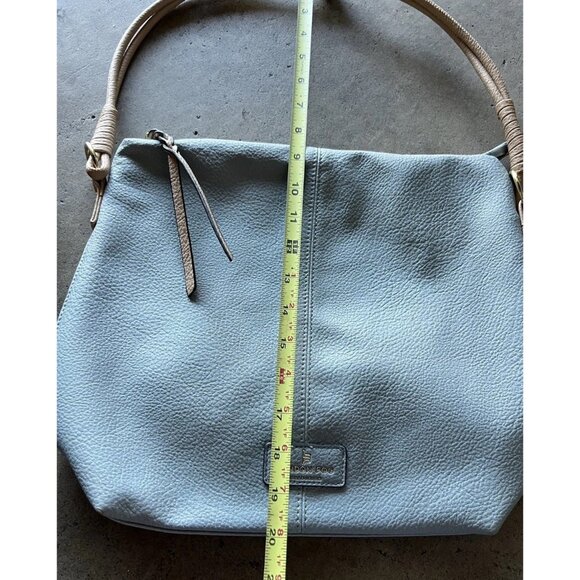 London Fog Travel Bag Houndstooth Brwn Barrel Duffle Leather Light Blue Bag - Picture 4 of 14